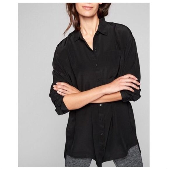 Athleta Washable Silk Black Button Up Shirt Tunic Size Small - Picture 1 of 9